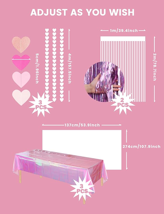 8 PCS Pink Party Decorations - Love-Heart Garland Streamers Banner, Disposable Pink Tablecloth, Tinsel Foil Fringe Curtains | Birthday, Bachelorette, Valentines Day, Girls Night