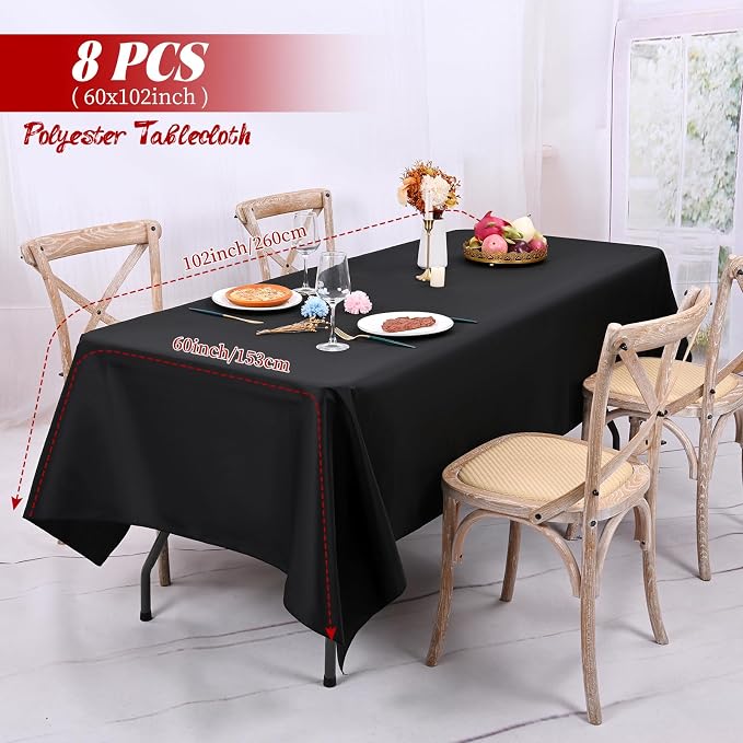 8 Pack Black Rectangle Tablecloth 60 x 102 Inch, Waterproof Polyester Table Cloth for 6 Foot Tables, Black Tablecloths Stain and Wrinkle Resistant Washable Fabric Table Cover for Party Dining Wedding
