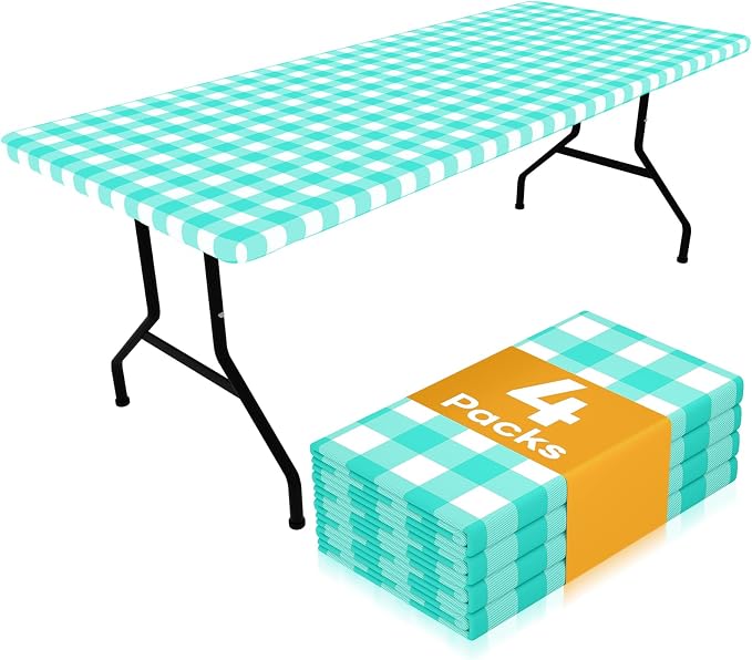 Smiry Picnic Table Cloth 4 Pack, Waterproof Elastic Fitted Tablecloths for 8FT Rectangle Tables, Washable Polyester Buffalo Plaid Tablecloth for Camping, Dining & Outdoor (Teal & White, 30" x 96")