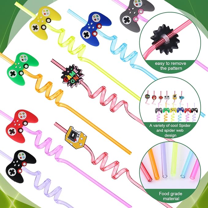 Maxcheck 36 Sets 16 oz Game Controller Party Favors Goodie Cups with Colorful Lids and Straws for Birthday Decorations Reusable Plastic Candy Cups Bulk Plastic Straws for Birthday Party Celebration