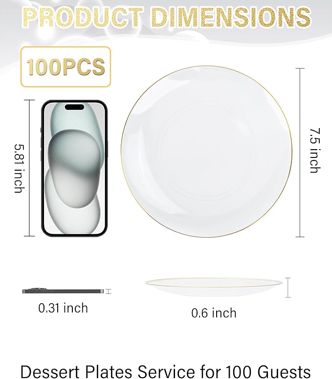 Nervure 100Pieces Clear and Gold Rim Plastic Plates - 7.5inch Disposabl Salad Dessert Plate - Clear and Gold Party Plates Ideal for Wedding & Party