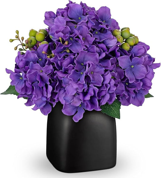 Briful Artificial Purple Hydrangea Arrangement in Matte Black Vase, Faux Floral Centerpiece with Green Berry, Modern Farmhouse Table Decor for Dining Room, Entryway, Living Room, Kitchen Coffee Office