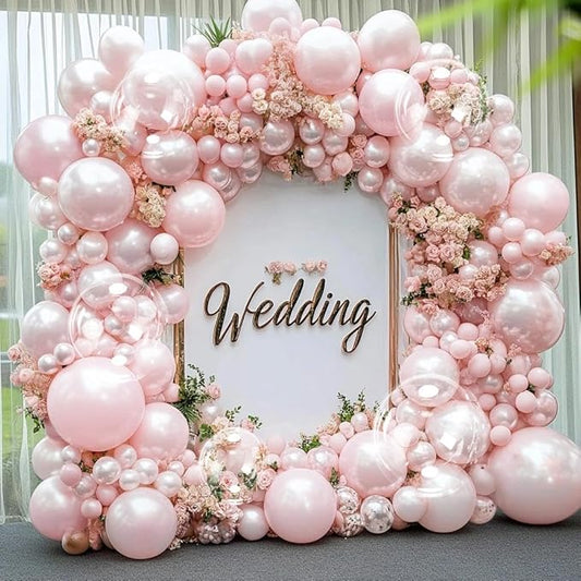 Pearl Pink Balloon Arch Double Stuffed Pastel Light Baby Pink Balloon Garland Different Sizes With Clear Balloons for Birthday Wedding Valentines Day Bridal Baby Shower Engagement Party Decor