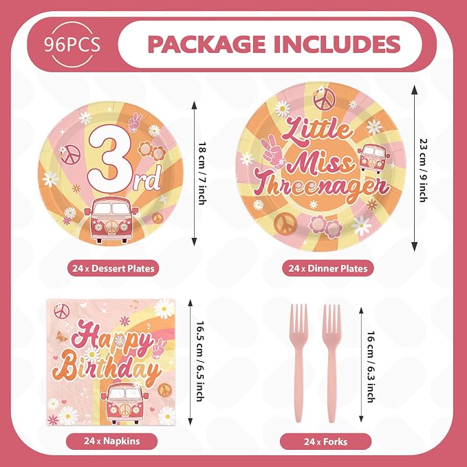 96Pcs Groovy 3rd Birthday Party Decorations Hippie Boho Plates and Napkins Disposable Little Miss Threenager Tableware Sets for Girls 3 Year Old Birthday Hippie Boho Party Supplies, Serve 24