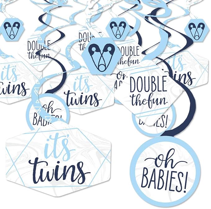 Big Dot of Happiness It’s Twin Boys - Blue Twins Baby Shower Hanging Decor - Party Decoration Swirls - Set of 40