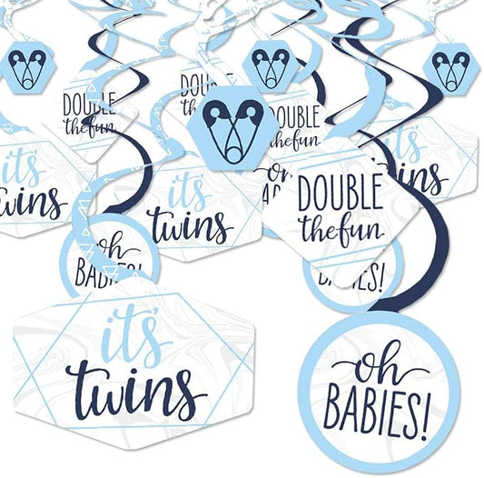Big Dot of Happiness It’s Twin Boys - Blue Twins Baby Shower Hanging Decor - Party Decoration Swirls - Set of 40
