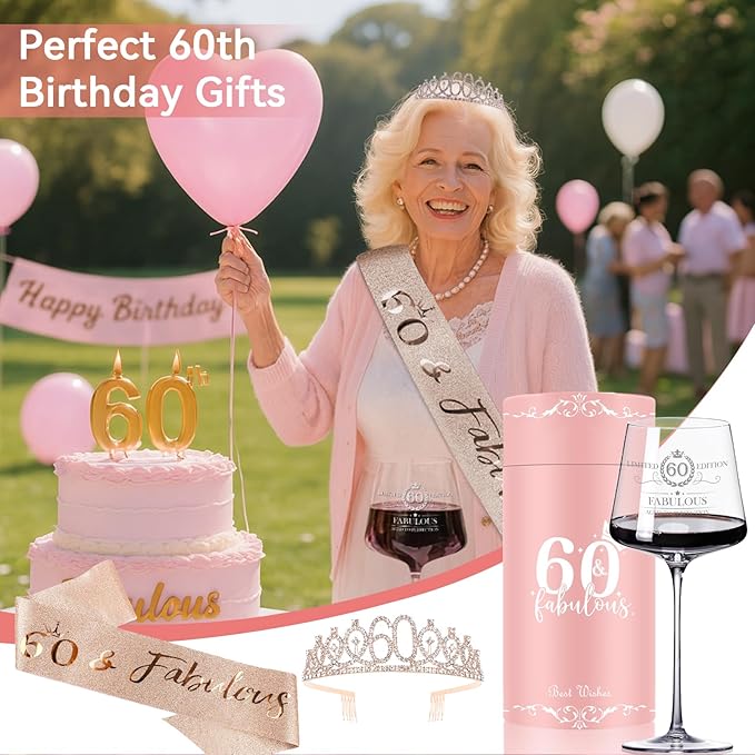 60TH Birthday Gifts for Women Her,60th Birthday Sash,Crown,Rhinestone Tiara,Vintage Engraved Wine Glass,60 Year Old Birthday Decorations For Her,Women,Mom,Wife,Friends,Sister-Turning 60 Present