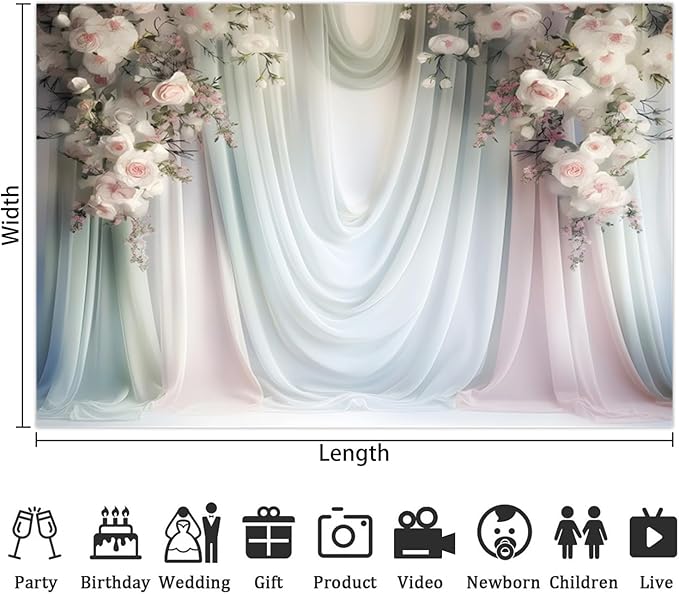 Leowefowa Floral Backdrop for Wedding Decor Pink Rose Flower White Curtain Wall Photography Background for Baby Shower Wedding Anniversary Ceremony Party Decorations Banner Studio Props 15x8ft Vinyl