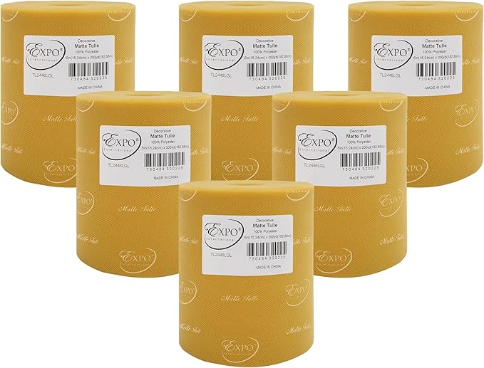 Expo International Decorative Matte Tulle, Roll/Spool of 6” X 200 Yards, Lightweight Polyester Tulle Fabric for Tutus, Costumes, and Party Decorations, Washable, Easy-to-Use, Pack of 6, Light Gold