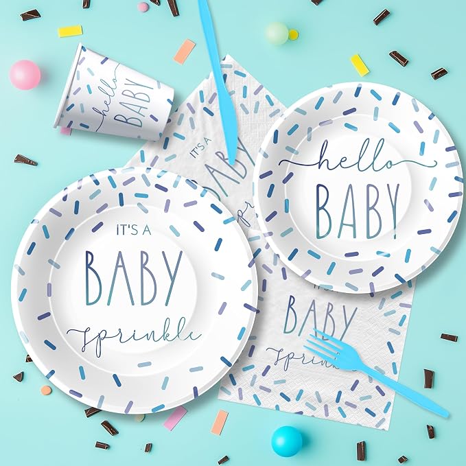 Sprinkle Baby Shower Decorations Tableware for Boy, Blue Confetti It's a Baby Sprinkle Party Decorations Supplies, Paper Plate, Napkin, Cup, Disposable Cutlery, Tablecloth, Serves 24