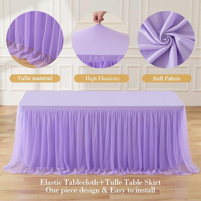 Suppromo 2 Pack 6ft Lavender Tulle Tablecloths for Rectangle Tables 6 Foot Rectangular Table Cloth Wrinkle Free Table Cover with Tutu Skirt for Wedding Baby Shower Birthday Party Banquet Buffet Cake