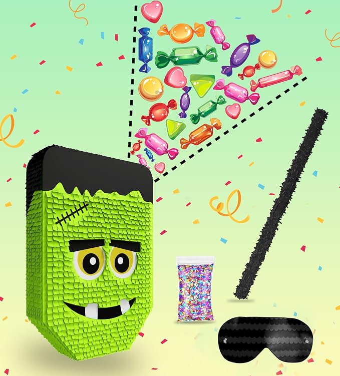 Jergrim Cute Frankenstein Halloween Piñata 3-piece Bundle for kids and adults, fits 2lbs of candy, perfect for Halloween party, spooky decorations, October birthday and party supplies