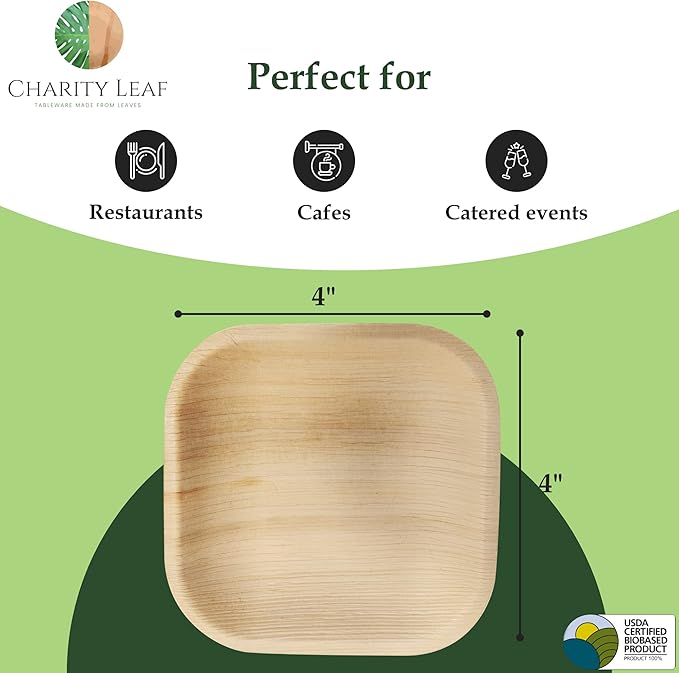 Charity Leaf Disposable Palm Leaf 4" Mini Appetizer Square Plates (200 pieces) Bamboo Like Serving Platters, Disposable Boards, Eco-Friendly Dinnerware For Weddings, Catering, Events