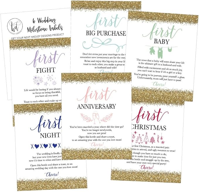 Hadley Designs 6 Wedding Milestones Gift, Wine Bottle Labels or Sticker Covers, Bachelorette Engagement Party Present, Perfect Best Registry for Bride to Be, Firsts for The Newlywed Basket Ideas