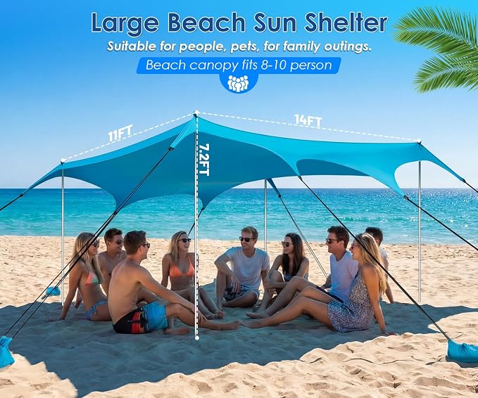 Beach Tent Sun Shelter, 14 × 11FT UPF50+ Protection Beach Shade Canopy, Easy Setup, with 8 Sandbags, 4 Stability Poles, Sand Shovel, Ground Spikes, Outdoor Shade for Sand, Camping, Fishing