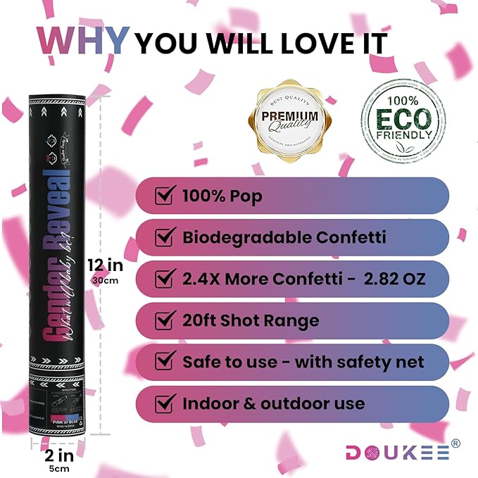 Gender Reveal Pink Confetti Cannon, DOUKEE Baby Shower Pink only Biodegradable Confetti Poppers for Girl Baby Reveal Party - 2 Set