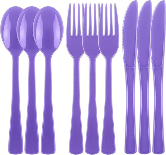 Kochorie 300 Pieces Purple Plastic Silverware, Disposable Plastic Utensils, Heavy Duty Cutlery Set Heavyweight Flatware Includes Spoons Forks Knives for Birthday Party Prom Night Wedding Dinner