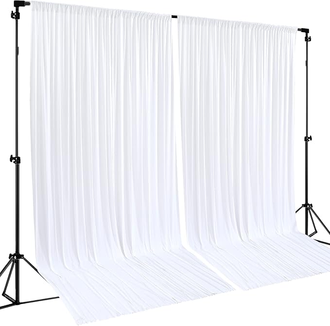 White Backdrop Curtains 2 Panels, 10 Feet Wrinkle-Free Polyester Photography Backdrop Drapes for Wedding Baby Shower Party Background Backdrop Stand- 8FTX10FT (White)