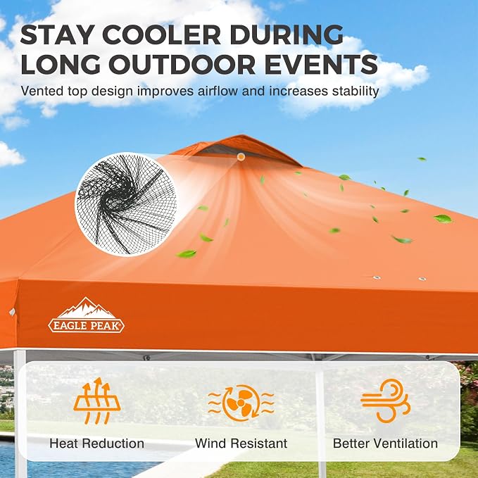 EAGLE PEAK Pop Up Canopy Tent with Wheeled Carry Bag, 8 Stakes, 4 Ropes, 4 Weight Bags, Easy Set Up Tent Canopy, 10x10 ft, 100sqft of Shade, Orange