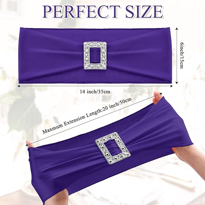 VitalCozy 100 Pcs Spandex Chair Sashes with Square Buckle Slider Stretch Chair Cover Band Universal Elastic Ties Straps Bows for Wedding Banquet Event Party Decoration(Dark Purple)