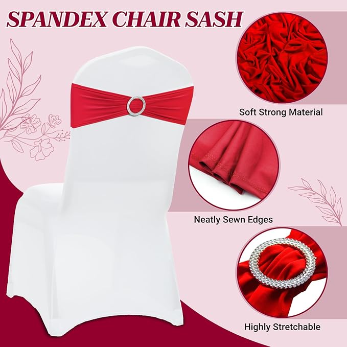 VDS - Red | Spandex Chair Sashes Bows | 100 PCS | Stretch Elastic Banquet Universal Folding Chair Band Tie with Silver Buckle Slider for Wedding Party Conference Celebration Event Decoration