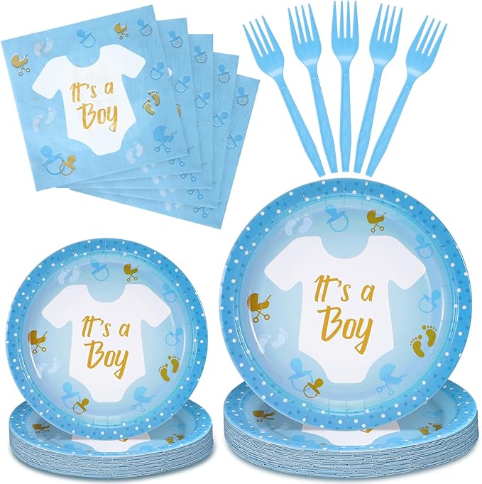 Tanlade 122 Pcs Boy Baby Shower Plates and Napkins It's a Boy Disposable Tableware Set Blue Paper Plates Napkins Forks Baby Shower Decorations Gender Reveal Party Supplies for 24 Guests