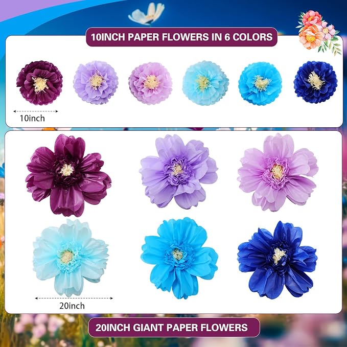 Crowye 12 Pcs Large Colorful Tissue Paper Flowers Decorations Giant Fiesta Craft Crepe Paper Flowers for Wall Decor Backdrop Mexican Wedding Birthday Carnival Party (10'' 20'',Multicolor)