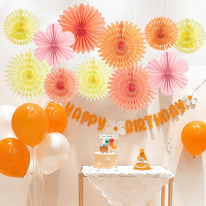11 PCS Paper Flowers Decorations for Wall Orange Pink Paper Fans Floral Hanging Decoration for Backdrop Birthday Classroom Baby Shower Wedding Bridal Bachelorette Party Decor