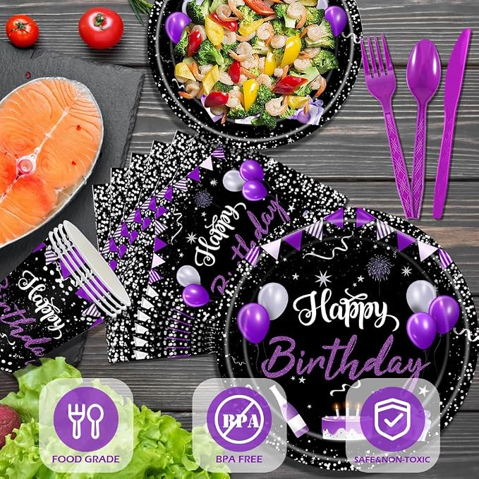 219Pcs Purple Black Birthday Decorations Party Supplies for Women Men Girls Purple and Silver Birthday Plates Napkins Cups Tableware Set with Banner Tablecloth Confetti Balloons, Serves 24