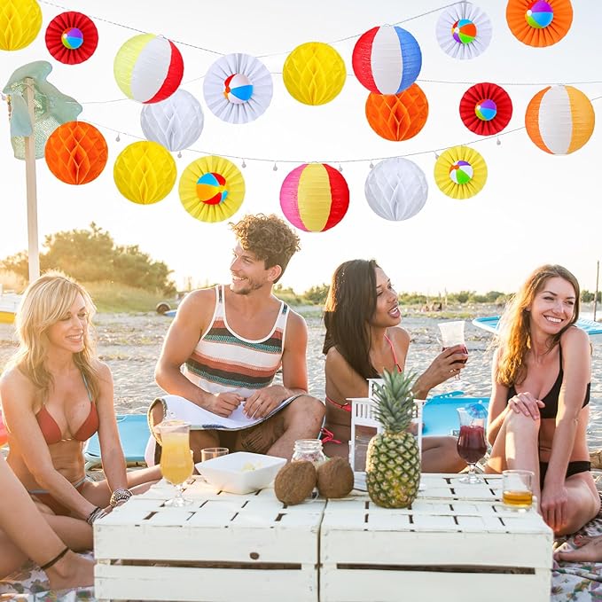 Retisee 18 Pcs Summer Beach Theme Party Decorations Beach Ball Paper Lanterns Fans Honeycomb Decorations Kit Summer Lanterns Fans Honeycomb for Pool Party Supplies