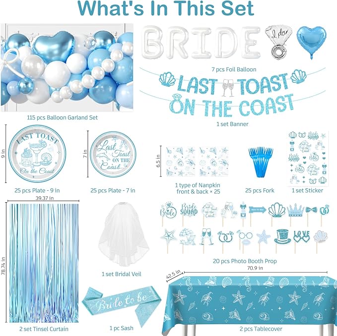 231pcs Last Toast on The Coast Bachelorette Decorations-Serves 25, All-in-one Beach Bachelorette Party Decorations With 350gsm Plate, Tablecloth, Balloons, Banner, Foil Curtain Backdrop, Sash, Veil