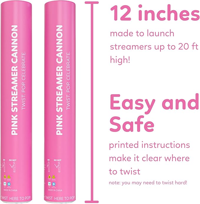 Pink Streamer Cannon Poppers | 2 Pack | Biodegradable Pink Streamers | TUR Party Supplies | Up to 25ft | Giant (12”) | Party Poppers for Graduation, Birthdays, and Bachelorette & Princess Parties