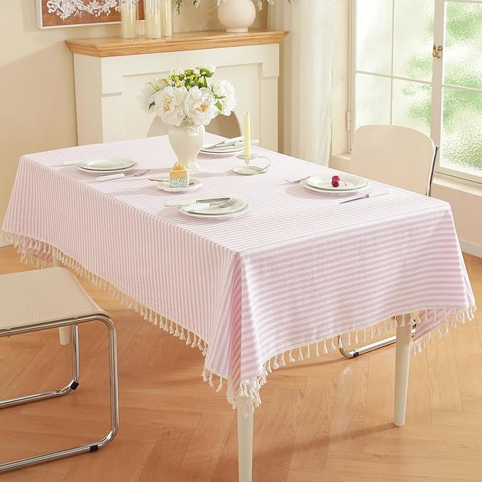 meioro Striped Rectangle Tablecloth, Cotton Blend Fabric Pink Table Cloth with Tassel, Washable Wrinkle Free Table Cover Boho Picnic Tablecloths for Valentines Day Kitchen Dining - 47 x 63 Inch