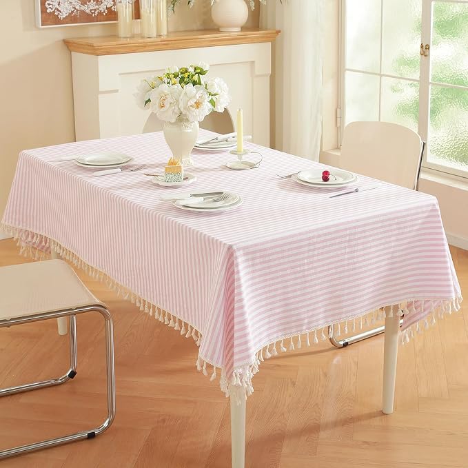 meioro Striped Rectangle Tablecloth, Cotton Blend Fabric Pink Table Cloth with Tassel, Washable Wrinkle Free Table Cover Boho Picnic Tablecloths for Valentines Day Kitchen Dining - 55 x 98 Inch