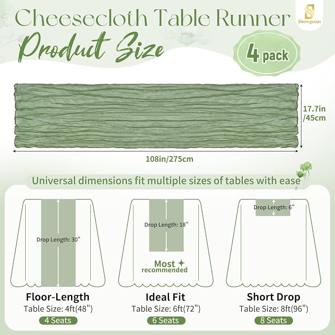 4 Pack Sage Green Cheesecloth Table Runner 17 x 108 inch Boho Gauze Table Runner Rustic Sheer Cheese Cloth Table Decorations for Wedding Party Baby Bridal Shower Birthday Holiday Home