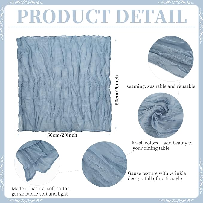 60 PCS Dusty Blue Gauze Cheesecloth Napkins,20x20 Inch Gauze Napkin Rustic Wrinkled Cheesecloth Napkin Bulk Washable Dinner Table Napkins for Wedding Party Bridal Shower Baby Shower Events Decor