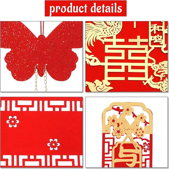 6Pcs Chinese Wedding Decoration Set, Double Happiness Couplets and Banners, Traditional Cultural Symbols for Bride and Groom (Dragon and Phoenix Symbolizing Auspiciousness)