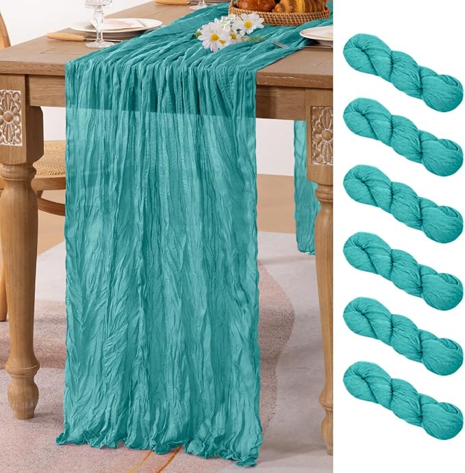 MLMC 6 Pack Teal Table Runner 10ft Rustic Summer Cheesecloth Table Runner Gauze Cheese Cloth Centerpiece Decororations 65x120 Inches for Wedding Baby Shower Outdoor Picninc Decor