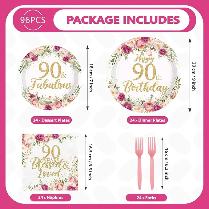 96Pcs 90th Birthday Decorations for Women Rose Gold Floral Party Plates and Napkins Disposable 90th Birthday Gifts Tableware Set for Women Fabulous Party Decorations Serves 24