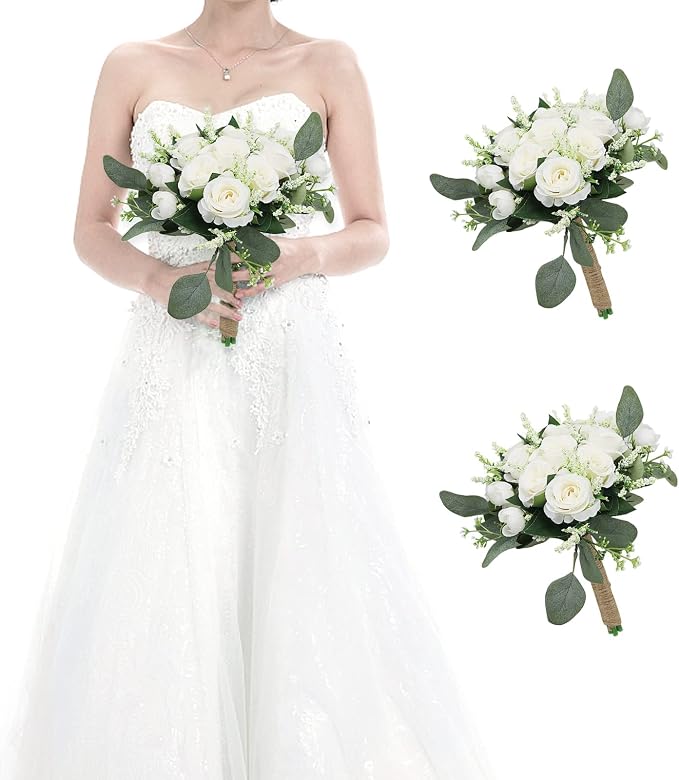 Set of 2 Bridesmaid Bouquets for Wedding - 7 Inch Artificial Ivory Flower Bouquet for Party Ceremony Anniversary Dinning Table Centerpieces Decor - Ivory