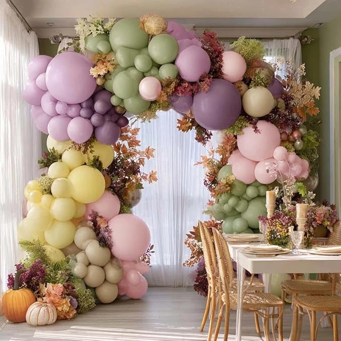 Purple Green Pink Balloon Arch Double Stuffed Dusty Green Lavender Light Yellow Sand Latex Pastel Lilac Balloon Garland Kit for Baby Shower Wedding Birthday Easter Floral in Bloom Party Decoration