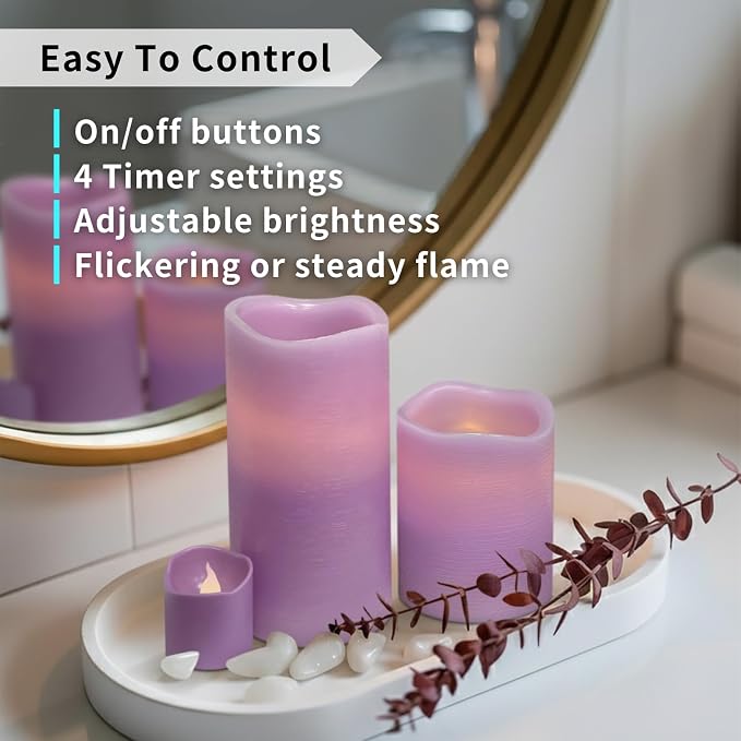 FURORA LIGHTING Purple Flameless Candles, 8-Pack Set with Remote & Timer | Includes 4 pillars and 4 votives. Creates a calming, rich purple mood glow perfect for meditation and bohemian home decor.