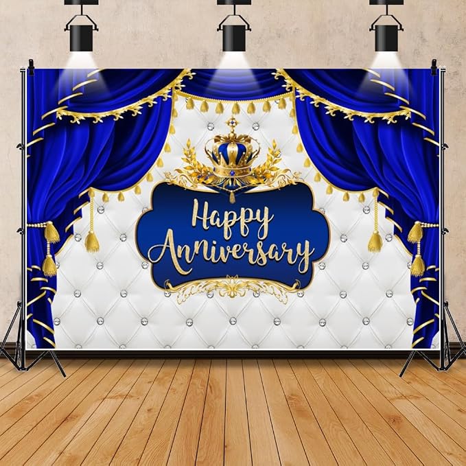 Happy Anniversary Backdrop Blue Curtain Gold Crown Diamond Wedding Together Photography Background for Anniversary Valentine's Day Wedding Party Decor Couple Love Party Photo Supply Vinyl 8x6ft