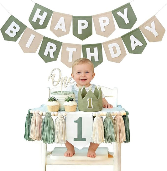 Sage Green 1st Birthday High Chair Decorations- First Birthday Banner Wild One Highchair banner 1st birthday boy with Tassels, Crown & One Cake Topper, Boho 1st Birthday Party Supplies photo props