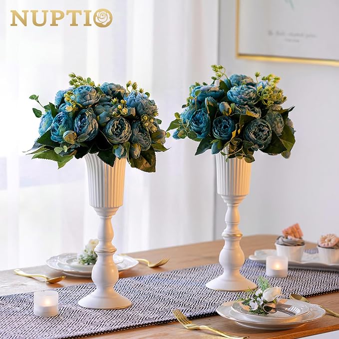 Nuptio 2 Pcs Metal Flower Vase White Table Decorative Centerpiece, Elegant Wedding Centerpieces Vase for Party Anniversary Ceremony Decoration, 31.9cm Tall Artificial Flower Arrangements
