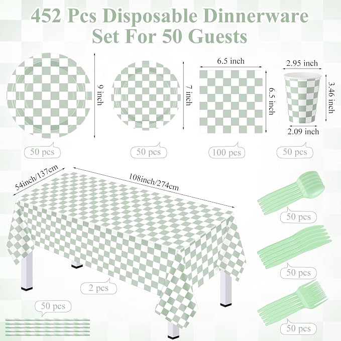 Funnymoom 452 Pcs Sage Green Gingham Party Supplies for 50, Light Green and White Checkered Gingham Paper Plates Napkins Cups Tablecloth Cutlery Straw for Picnic Birthday Baby Shower Decoration
