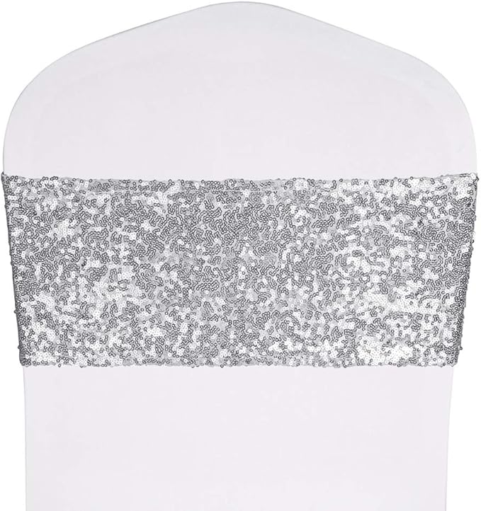 Pack of 150 Stretch Sequin Chair Sashes Chair Bands One-Sided Sequins Decor for Hotel Wedding Reception Party Event Chair Cover Decoration 4"x16" - Silver