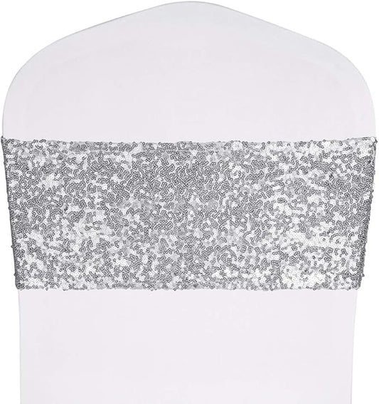 Pack of 50 Stretch Sequin Chair Sashes Chair Bands One-Sided Sequins Decor for Hotel Wedding Reception Party Event Chair Cover Decoration 4"x16" - Silver