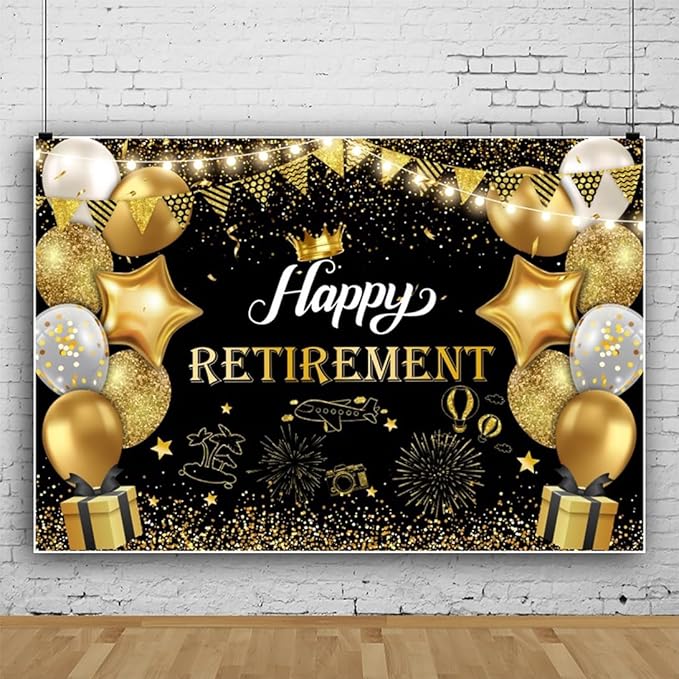 10x6.5ft Happy Retirement Photography Backdrop Black and Gold Retirement Party Decorations Backdrop Background Balloons White Lights Glitter Celebrate Retirement Party Supplies Studio Props