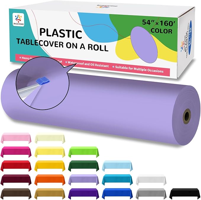 54IN X 160FT Plastic Table Cover Roll with Cutter Box, Cut to Size Plastic Table Cloths for Parties, Birthday, Disposable Tablecloth Roll for All Shape Tables (Light Purple, 54 Inch X 160 Feet)